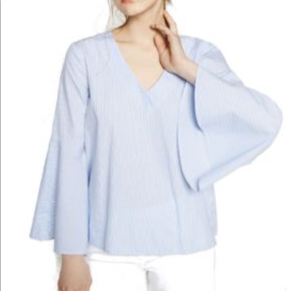 Zara striped bell flare sleeve v neck shirt top - Picture 2 of 6